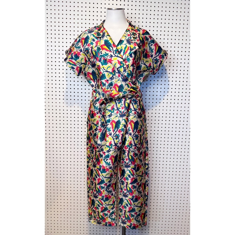 Weili Zheng | Abstract Tropical‎ Bird Floral Wrap Jumpsuit Wide Leg Multicolor
